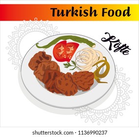 illustration of the traditional turkish food 'kofte'. Turkish cuisine. Menu design, packet design, banner, poster, background, brochure.