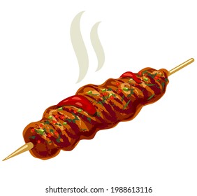 Illustration of the traditional Turkish kebab with greens on the skewer