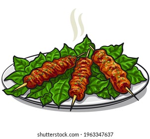 Illustration of the traditional turkish kofta kebab with greens on the plate