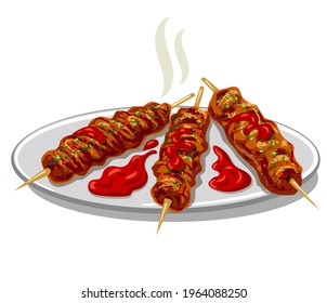 Illustration of the traditional turkish kofta kebab with greens on the plate