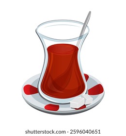 An illustration of traditional Turkish tea in a tulip-shaped glass. The saucer features red patterns, with sugar cubes and a teaspoon, reflecting an authentic tea serving presentation