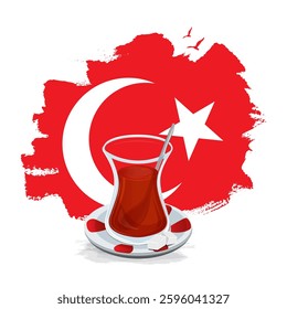 An illustration of traditional Turkish tea in a tulip-shaped glass with the Turkish flag background. The saucer, sugar cubes, and teaspoon details create an authentic composition reflecting tea cultur