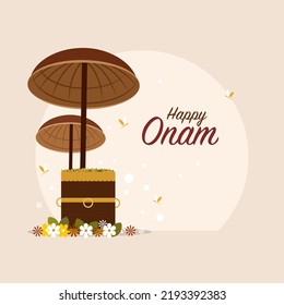 Illustration of traditional umbrella with auspicious items of Kerala. Concept of Onam festival in Kerala