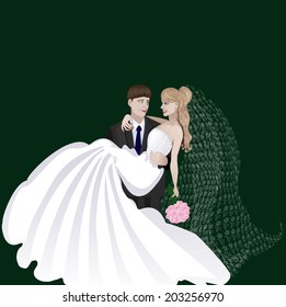 Illustration of a traditional wedding where the bridegroom holds the bride on the hands. 