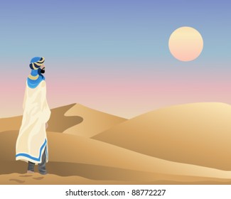 illustration of a traditionally dressed bedouin man watching the sun setting over desert sand dunes vector illustration in eps 10 format