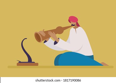 Illustration of a traditionally dressed Indian snake charmer with snake