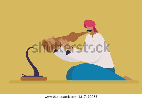 Illustration of a traditionally dressed Indian\
snake charmer with\
snake