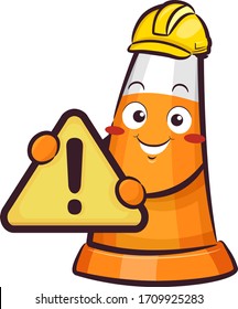 Illustration of a Traffic Cone Wearing Yellow Construction Hard Hat and Holding a Warning Sign for Men At Work