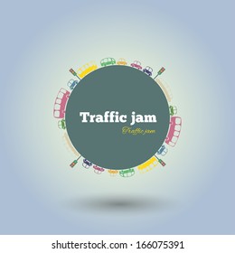 illustration of traffic jam, cartoon planet with cars