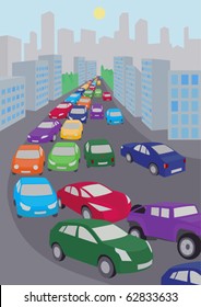 illustration of traffic jam with  lots of colored cars