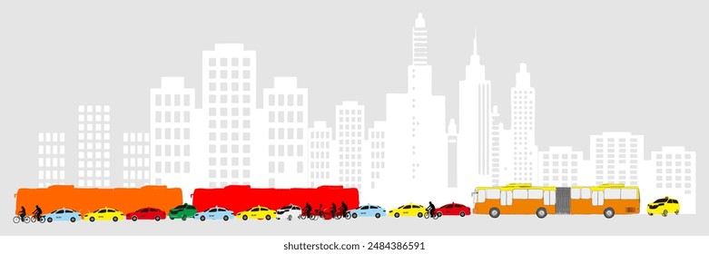 Illustration of traffic jams in a big city with skyscrapers on the background