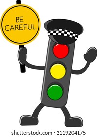 Illustration Of Traffic Light Cartoon With Traffic Sign. Good For Children's Book Covers, Children's Picture Books, Etc.