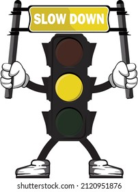 The illustration of traffic light cartoon with slow down traffic sign.