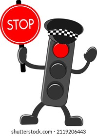 Illustration Of Traffic Light Cartoon With Stop Traffic Sign. Good For Children's Book Covers, Children's Picture Books, Etc.