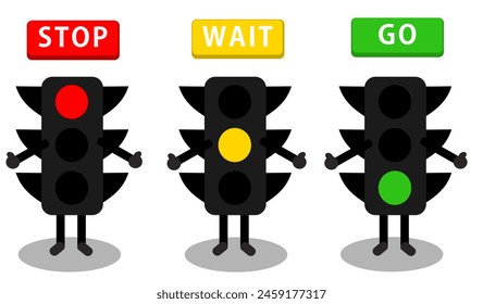 Illustration of traffic lights with the meaning of the colors. Green is for go, yellow is for wait, and red is for stop. Suitable for children's learning books or other designs.