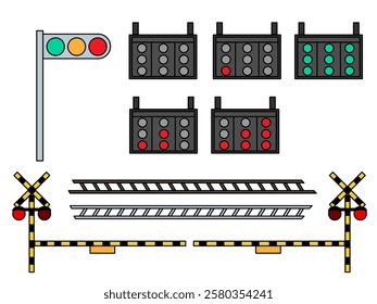 Illustration of traffic lights and railroad tracks.