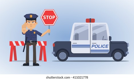 Illustration of a traffic policeman holding a stop sign and standing in front of police car. Detective, inspector, roadblock. Police officer blocked the road. Flat style vector illustration