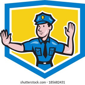 Illustration of a traffic policeman police officer making a stop hand signal gesture set inside crest shield done in cartoon style on isolated background.