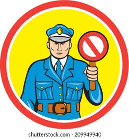 Illustration of a traffic policeman police officer holding a stop sign set inside circle done in cartoon style on isolated background.