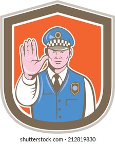 Illustration of a traffic policeman police officer holding hand up stop sign set inside shield crest done in cartoon style on isolated background.