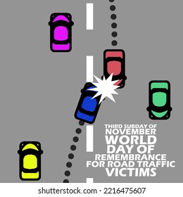 Illustration of traffic with two cars having an accident with bold text on grey background to commemorate World Day of Remembrance for Road Traffic Victims on November 20