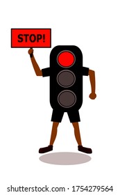 The illustration of trafic lights hanging Stop letter banner in the hand when the red lamps on. trafic lights eps 10 Vector.