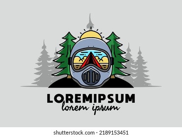 Illustration of a trail helmet with a pine tree beside and big sun