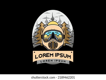 Illustration of a trail helmet with a pine tree beside and big sun
