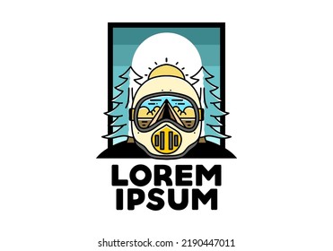 Illustration of a trail helmet with a pine tree beside and big sun