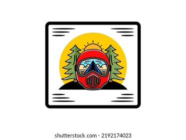 Illustration of a trail helmet with a pine tree beside and big sun
