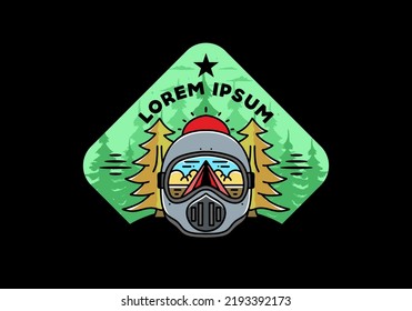 Illustration of a trail helmet with a pine tree beside and big sun