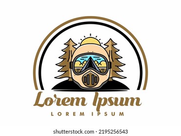 Illustration of a trail helmet with a pine tree beside and big sun
