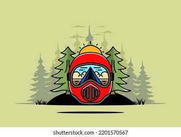 Illustration of a trail helmet with a pine tree beside and big sun