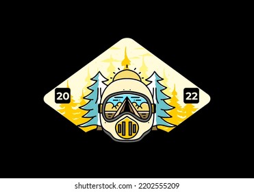 Illustration of a trail helmet with a pine tree beside and big sun