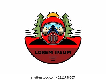 Illustration of a trail helmet with a pine tree beside and big sun