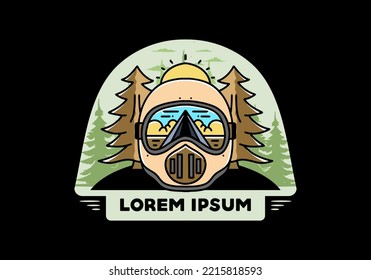 Illustration eines Trail-Helms mit einem Pinienbaum und großer Sonne