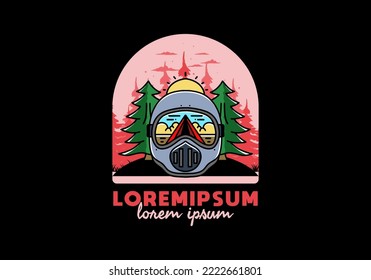 Illustration of a trail helmet with a pine tree beside and big sun