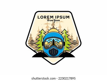 Illustration of a trail helmet with a pine tree beside and big sun