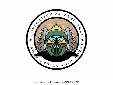 Illustration of a trail helmet with a pine tree beside and big sun
