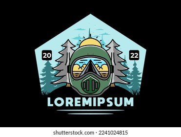 Illustration of a trail helmet with a pine tree beside and big sun