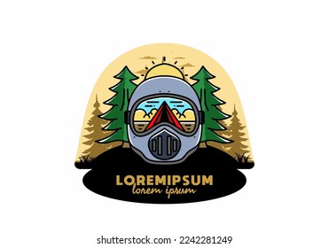 Illustration eines Trail-Helms mit einem Pinienbaum und großer Sonne