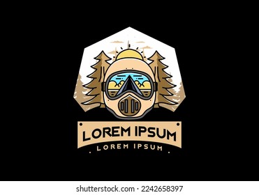 Illustration of a trail helmet with a pine tree beside and big sun
