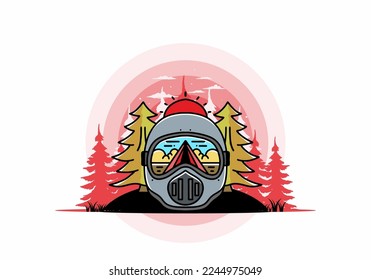 Illustration of a trail helmet with a pine tree beside and big sun