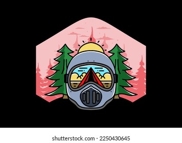 Illustration of a trail helmet with a pine tree beside and big sun