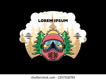 Illustration of a trail helmet with a pine tree beside and big sun