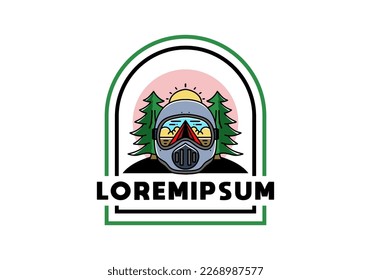 Illustration of a trail helmet with a pine tree beside and big sun