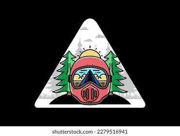 Ilustración de un casco de senda con un pino al lado y un gran sol
