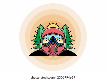 Illustration of a trail helmet with a pine tree beside and big sun