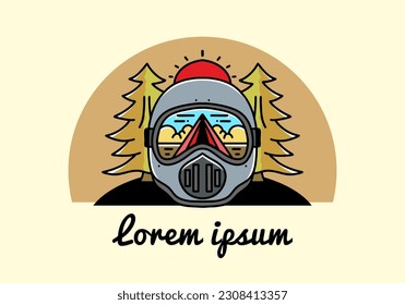 Illustration eines Trail-Helms mit einem Pinienbaum und großer Sonne