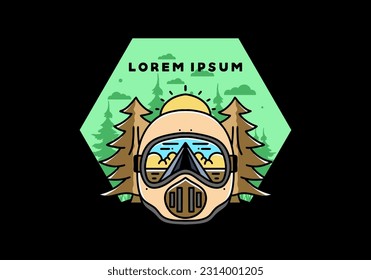 Illustration of a trail helmet with a pine tree beside and big sun